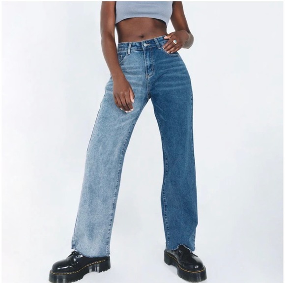 PRINCESS POLLY Trader‎ Two Tone Wide Leg High Rise Frayed Denim Jeans NWT NFR - Picture 1 of 16
